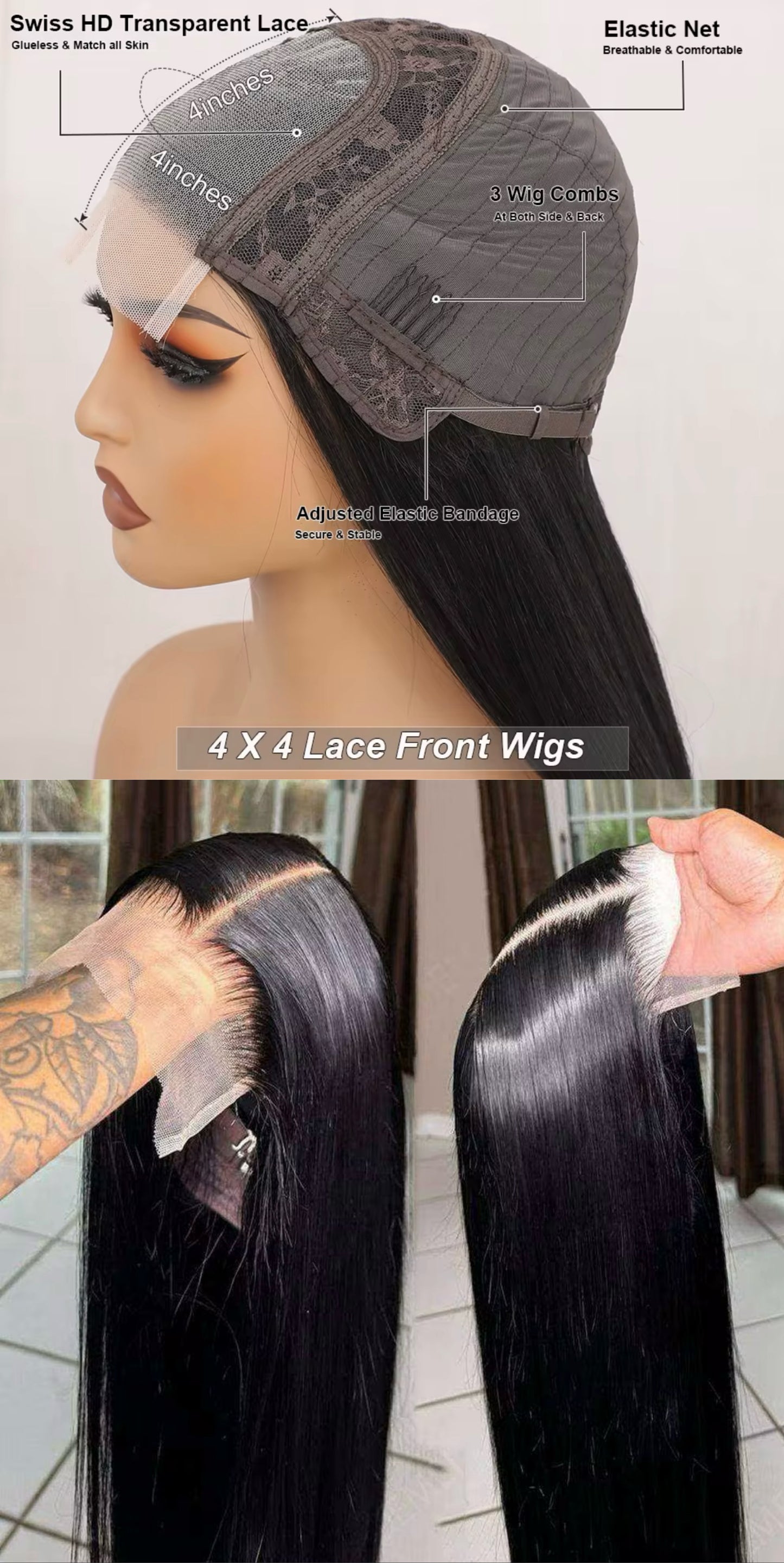 BLACK 4x4 GLUELESS CLOSURE WIG 38-Inch Long High Quality Blend Wig - Heat-Resistant, Luxury Long Wig for Glamorous Styling
