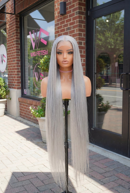 ICY GRAY 13x6 40-Inch Lace Frontal Premium Fiber Blend Wig - Heat-Resistant, Luxury Long Wig for Glamorous Styling